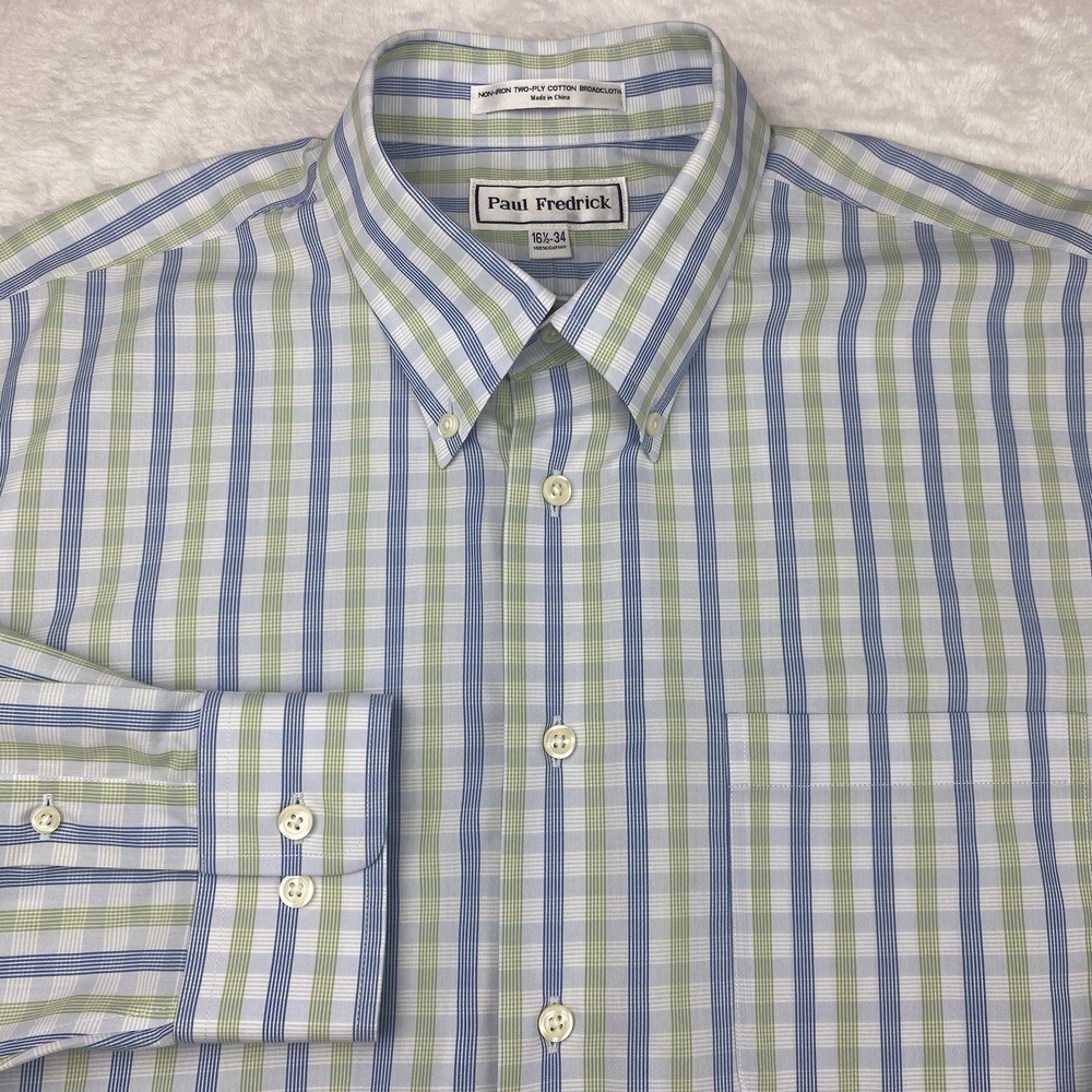 Paul Fredrick Dress Shirt Mens 16.5-34 Blue/Green Checks Non Iron